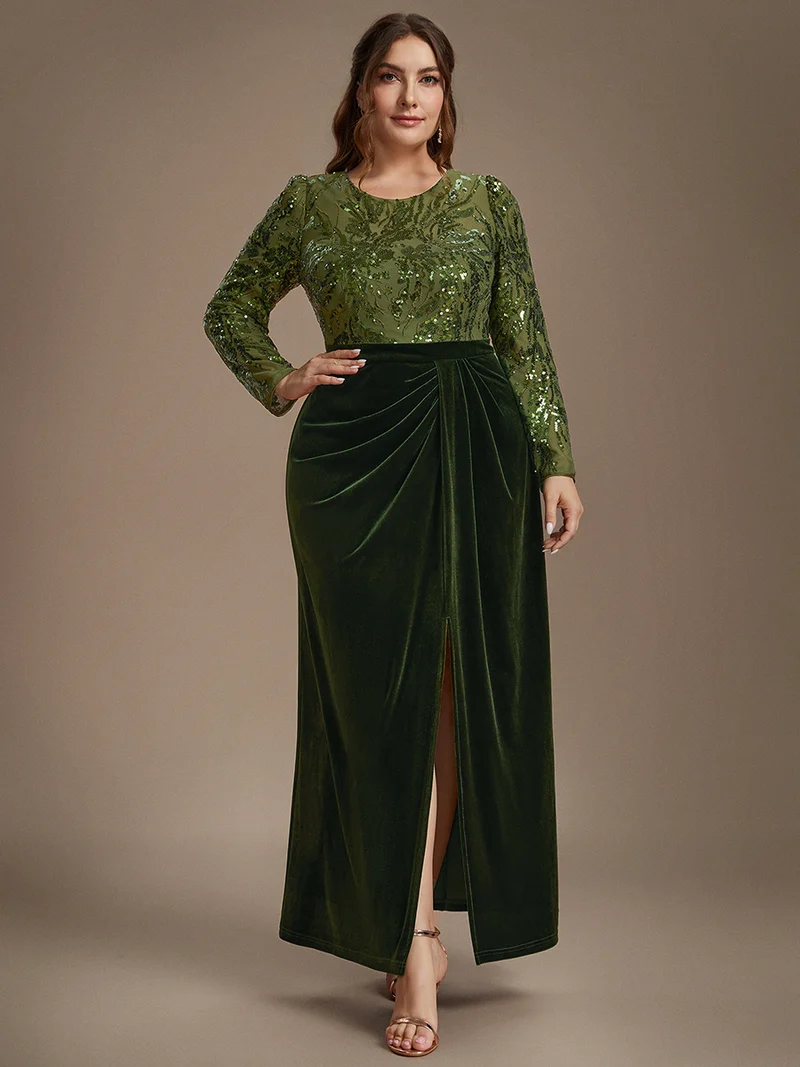 Robe de soirée longue en velours à paillettes et manches longues