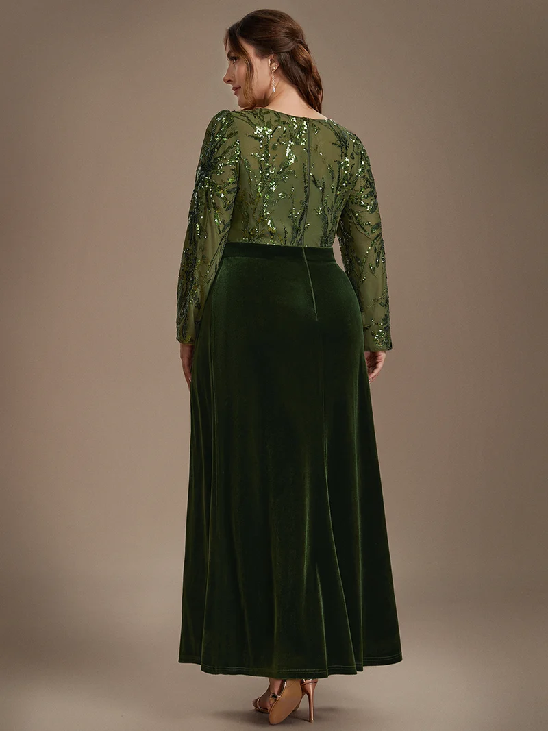 Robe de soirée longue en velours à paillettes et manches longues