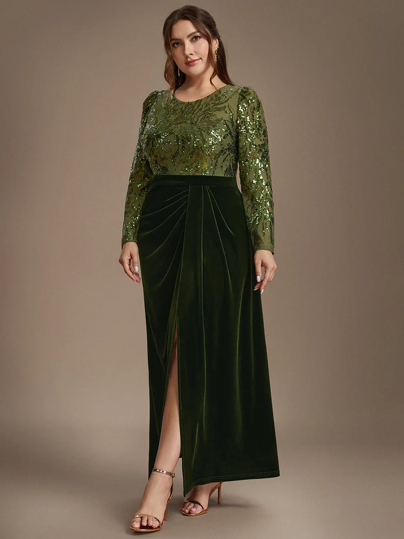 Robe de soirée longue en velours à paillettes et manches longues