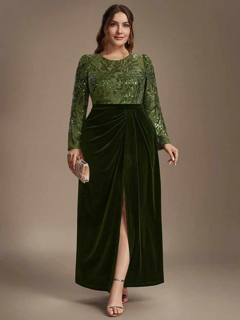 Robe de soirée longue en velours à paillettes et manches longues