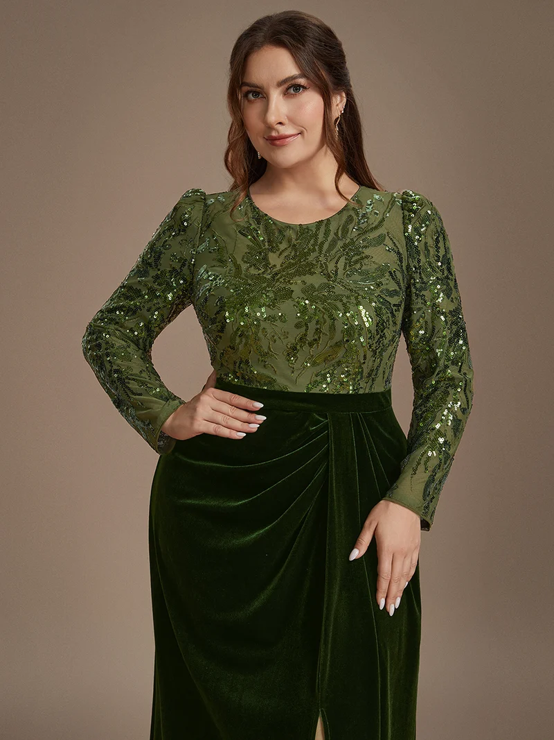 Robe de soirée longue en velours à paillettes et manches longues