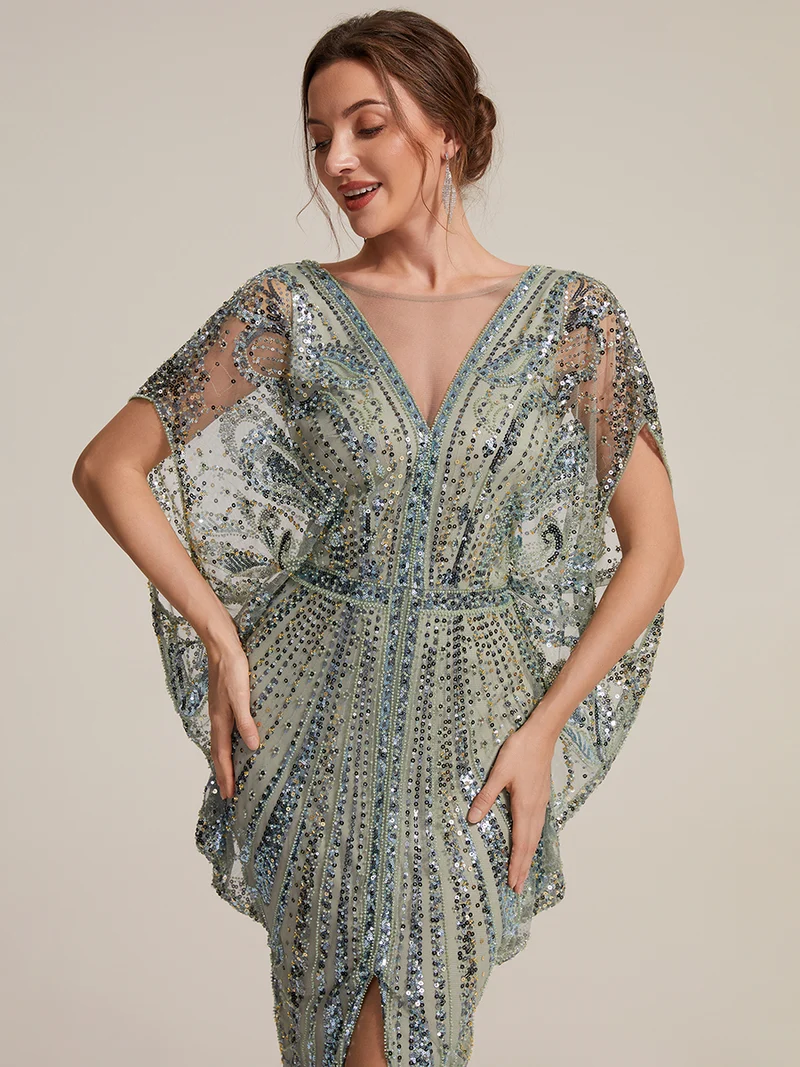 Robe de soirée longue en tulle perlé à manches chauve-souris