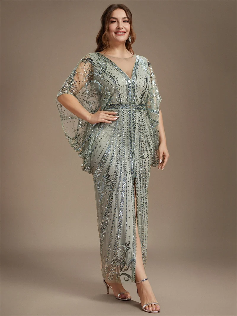 Robe de soirée longue en tulle perlé à manches chauve-souris