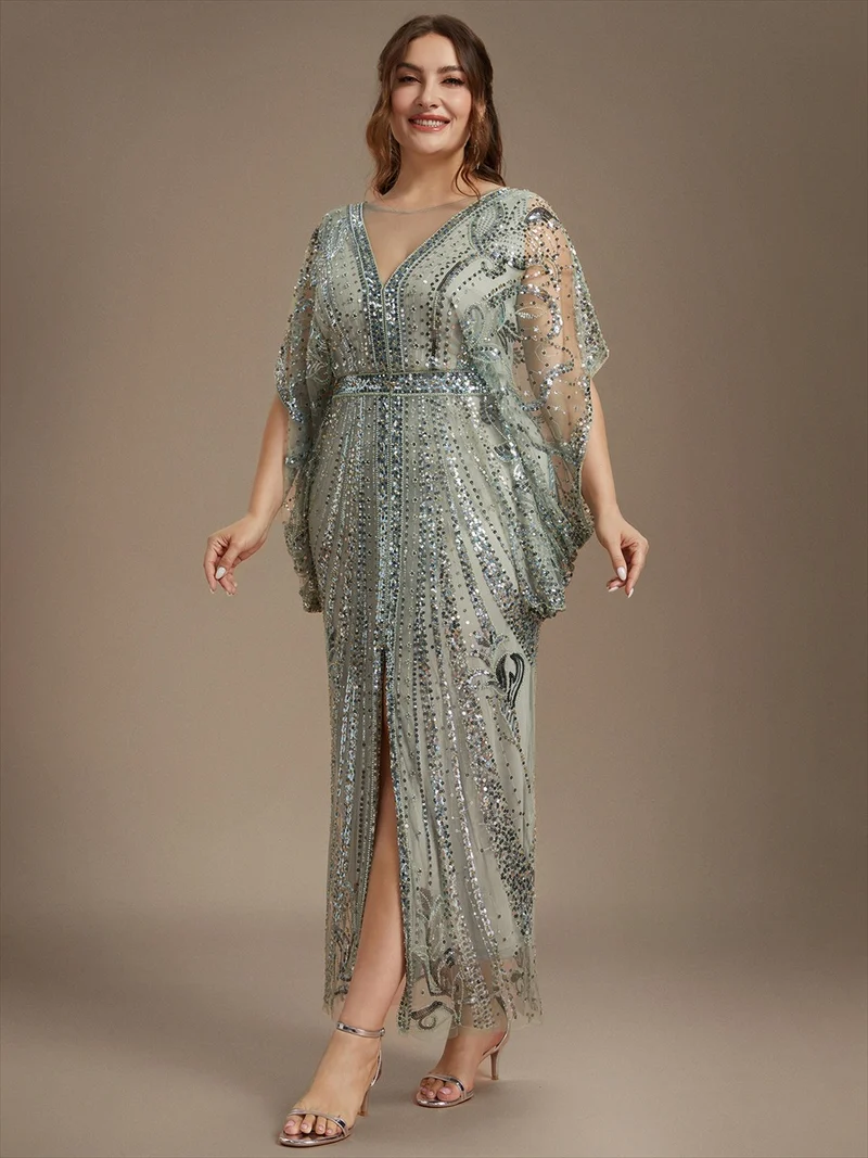 Robe de soirée longue en tulle perlé à manches chauve-souris
