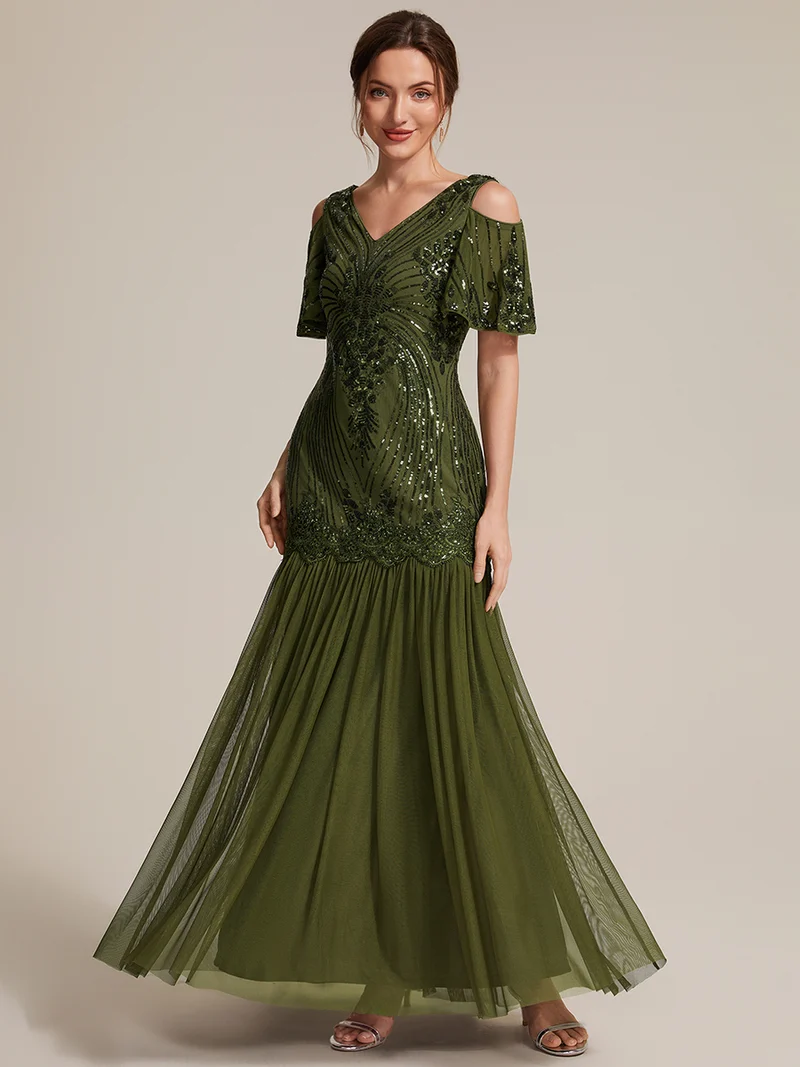 Robe de soirée longue à paillettes avec col V et épaules dénudées