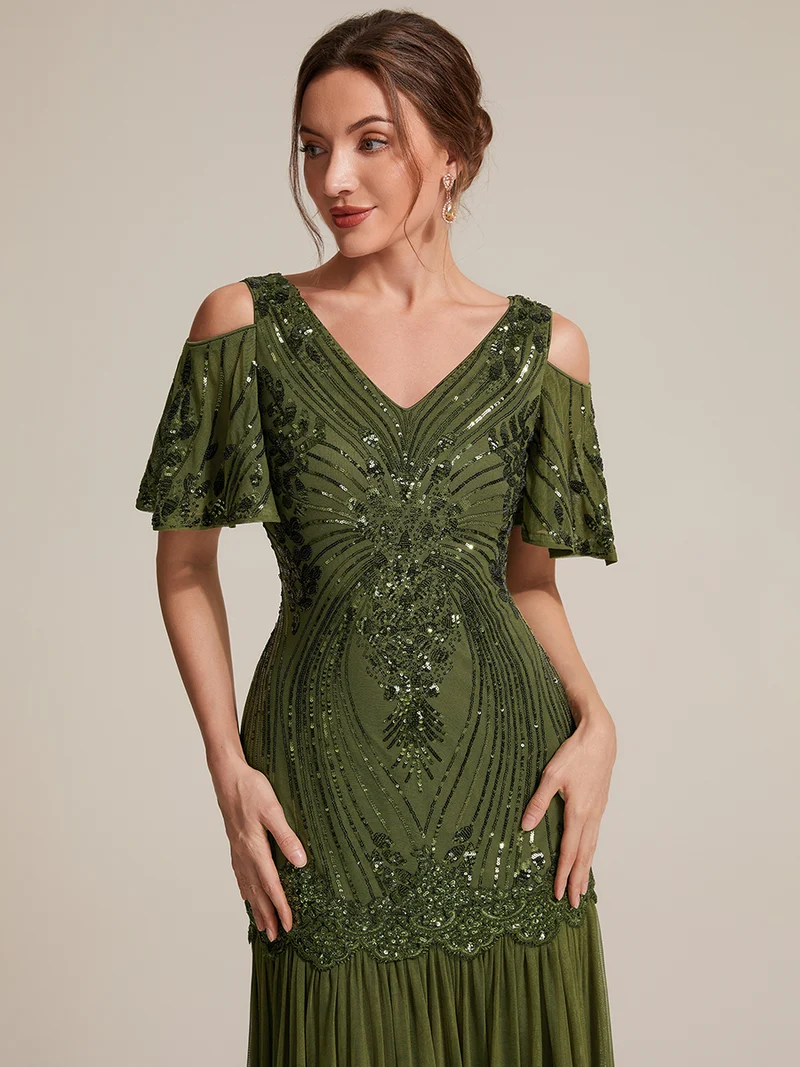 Robe de soirée longue à paillettes avec col V et épaules dénudées