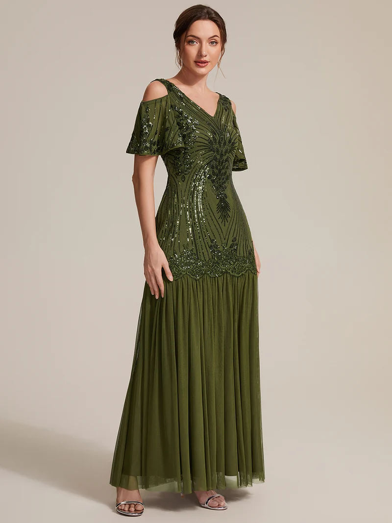 Robe de soirée longue à paillettes avec col V et épaules dénudées