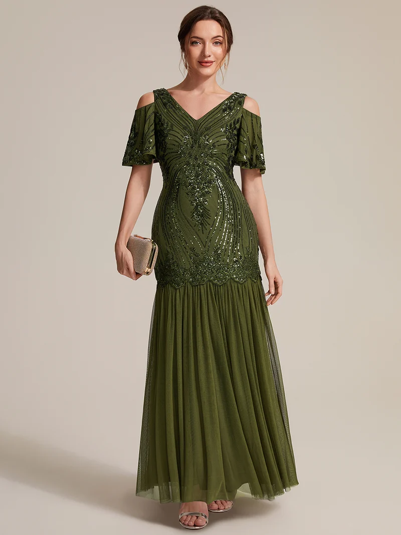 Robe de soirée longue à paillettes avec col V et épaules dénudées