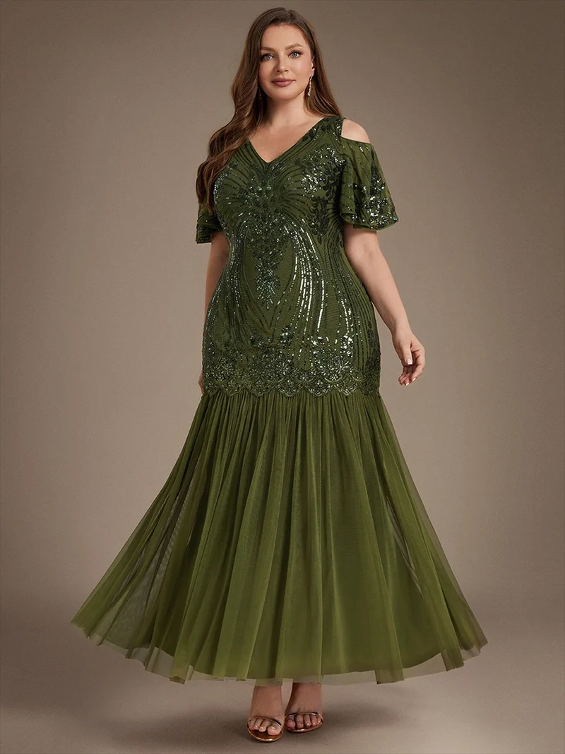 Robe de soirée longue à paillettes avec col V et épaules dénudées