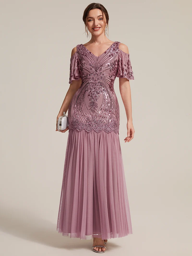 Robe de soirée longue à paillettes avec col V et épaules dénudées