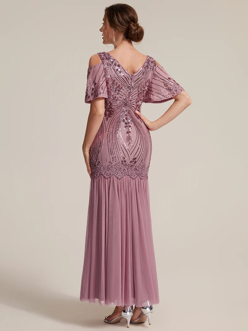 Robe de soirée longue à paillettes avec col V et épaules dénudées