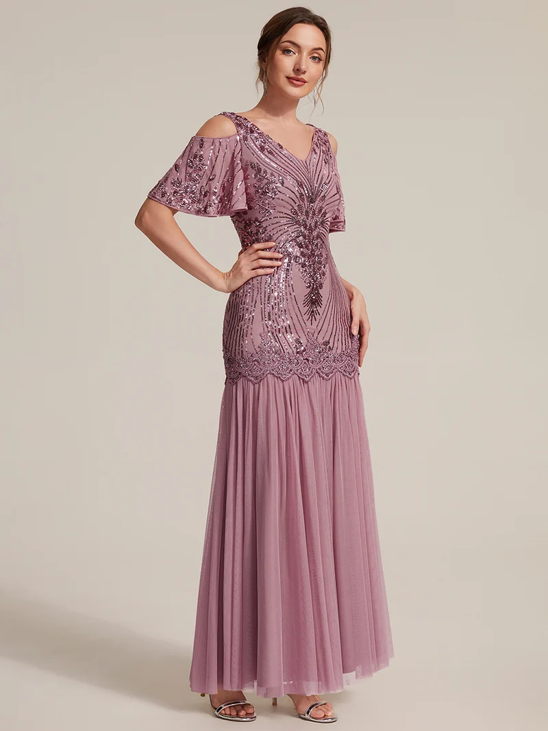Robe de soirée longue à paillettes avec col V et épaules dénudées