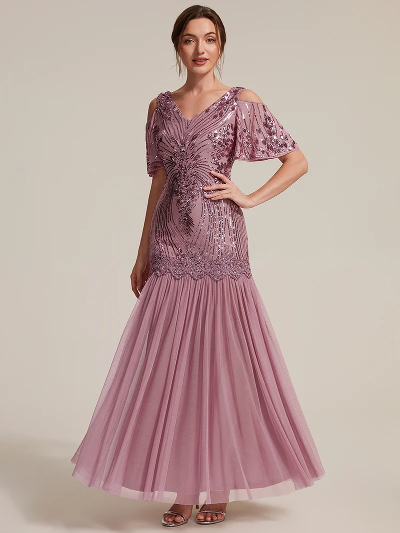 Robe de soirée longue à paillettes avec col V et épaules dénudées