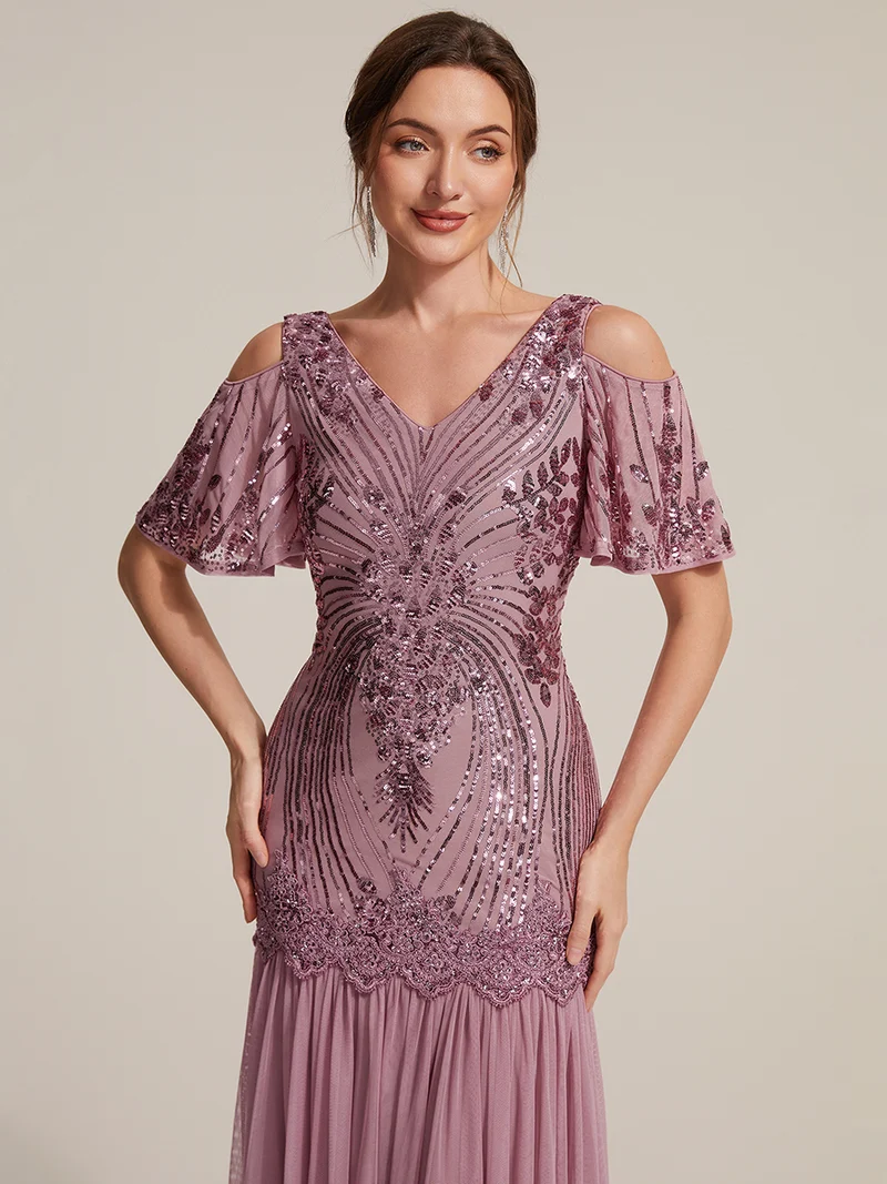Robe de soirée longue à paillettes avec col V et épaules dénudées