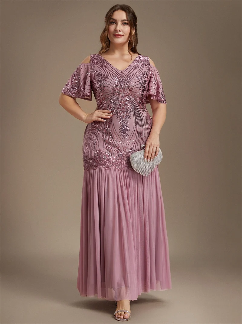 Robe de soirée longue à paillettes avec col V et épaules dénudées