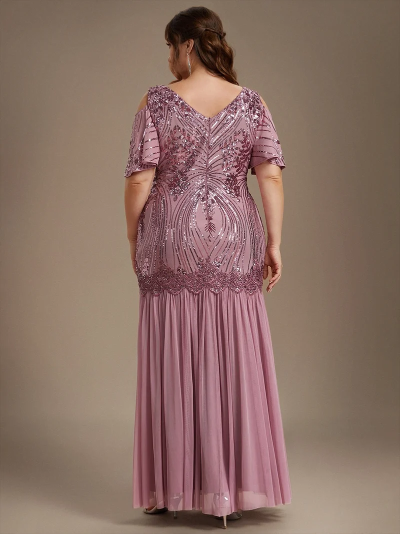 Robe de soirée longue à paillettes avec col V et épaules dénudées