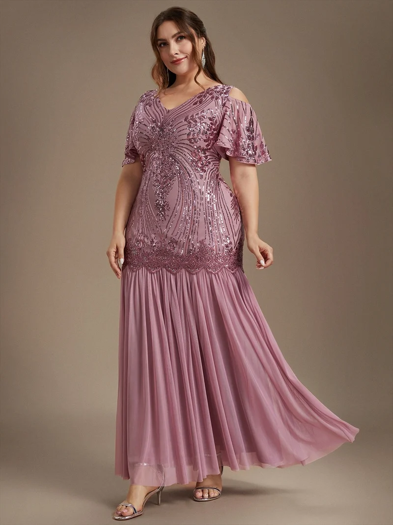 Robe de soirée longue à paillettes avec col V et épaules dénudées
