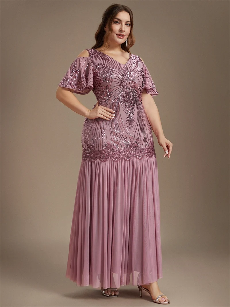 Robe de soirée longue à paillettes avec col V et épaules dénudées