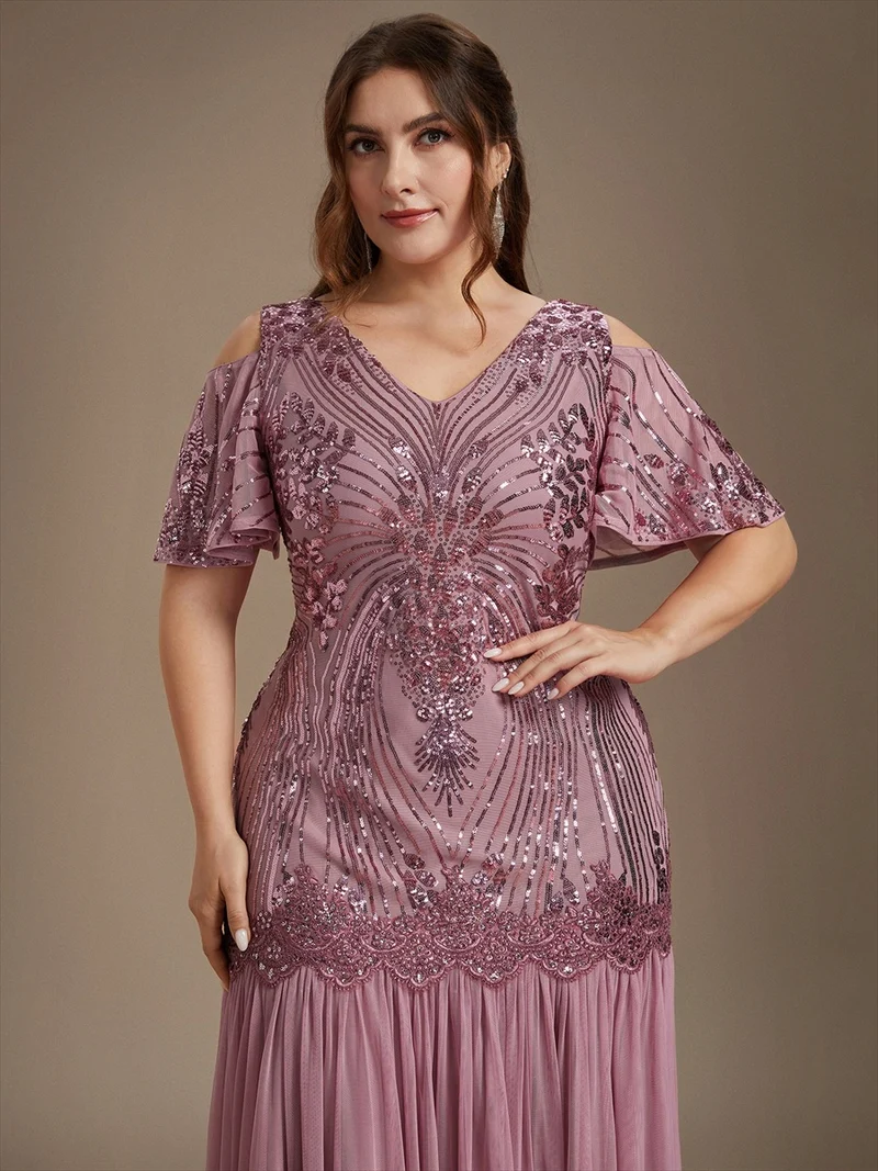 Robe de soirée longue à paillettes avec col V et épaules dénudées