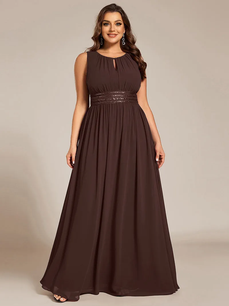 Robe de Cérémonie Trapèze Simple Sans Manches en Mousseline avec Détails Ajourés