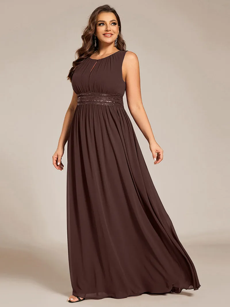 Robe de Cérémonie Trapèze Simple Sans Manches en Mousseline avec Détails Ajourés