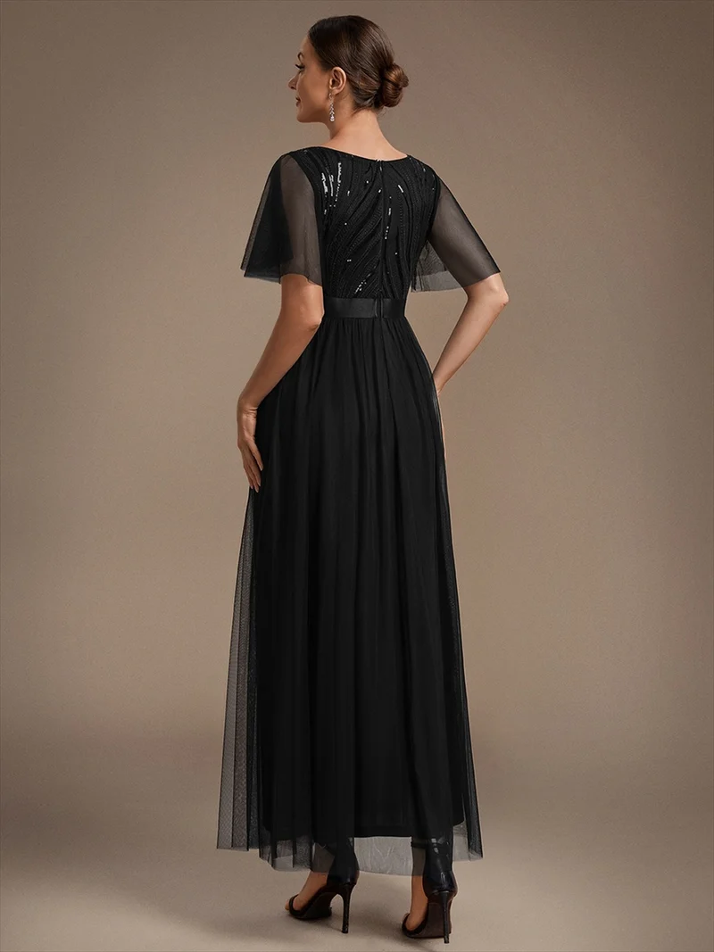 Robe de Soirée Longue Trapèze à Paillettes et Manches Volantées