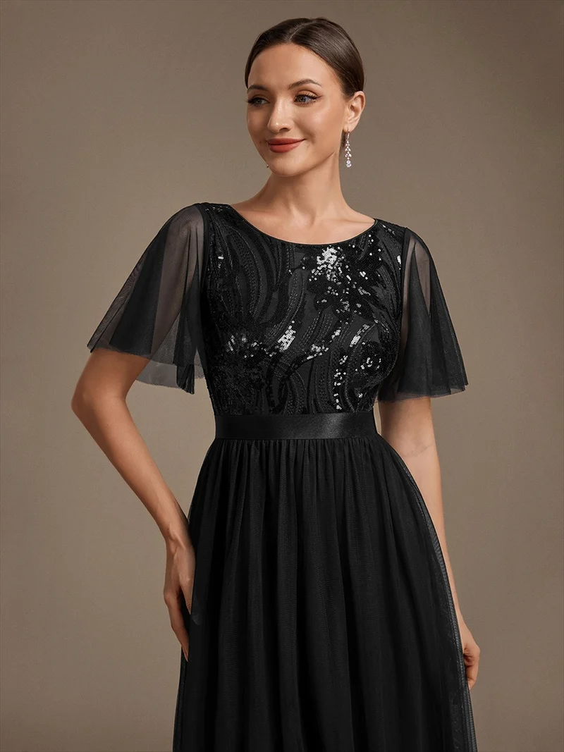 Robe de Soirée Longue Trapèze à Paillettes et Manches Volantées