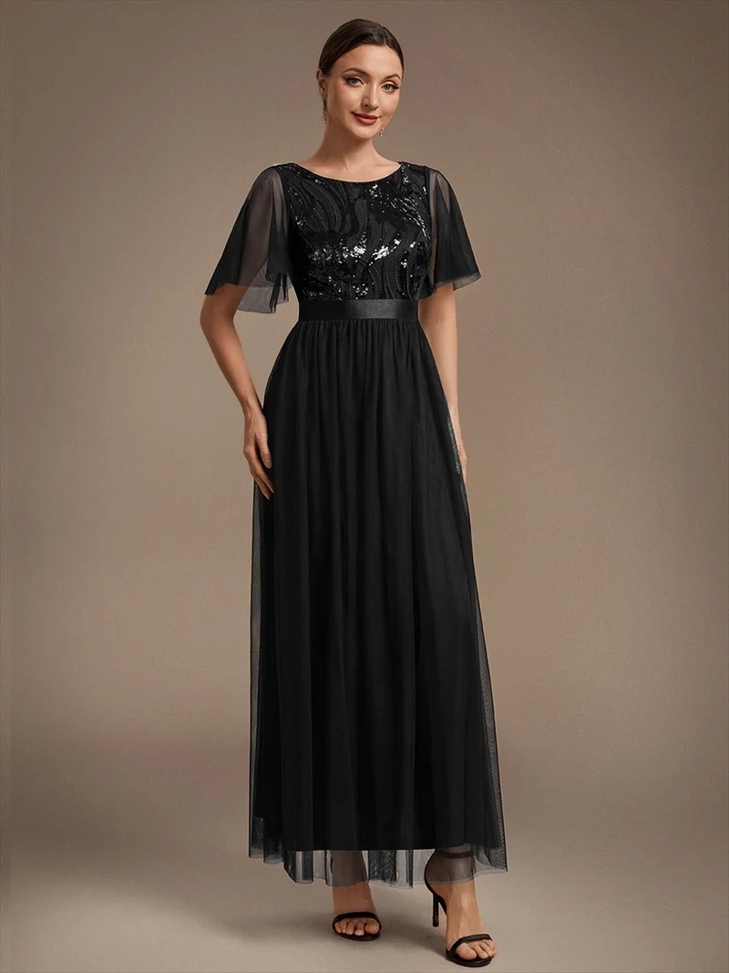 Robe de Soirée Longue Trapèze à Paillettes et Manches Volantées