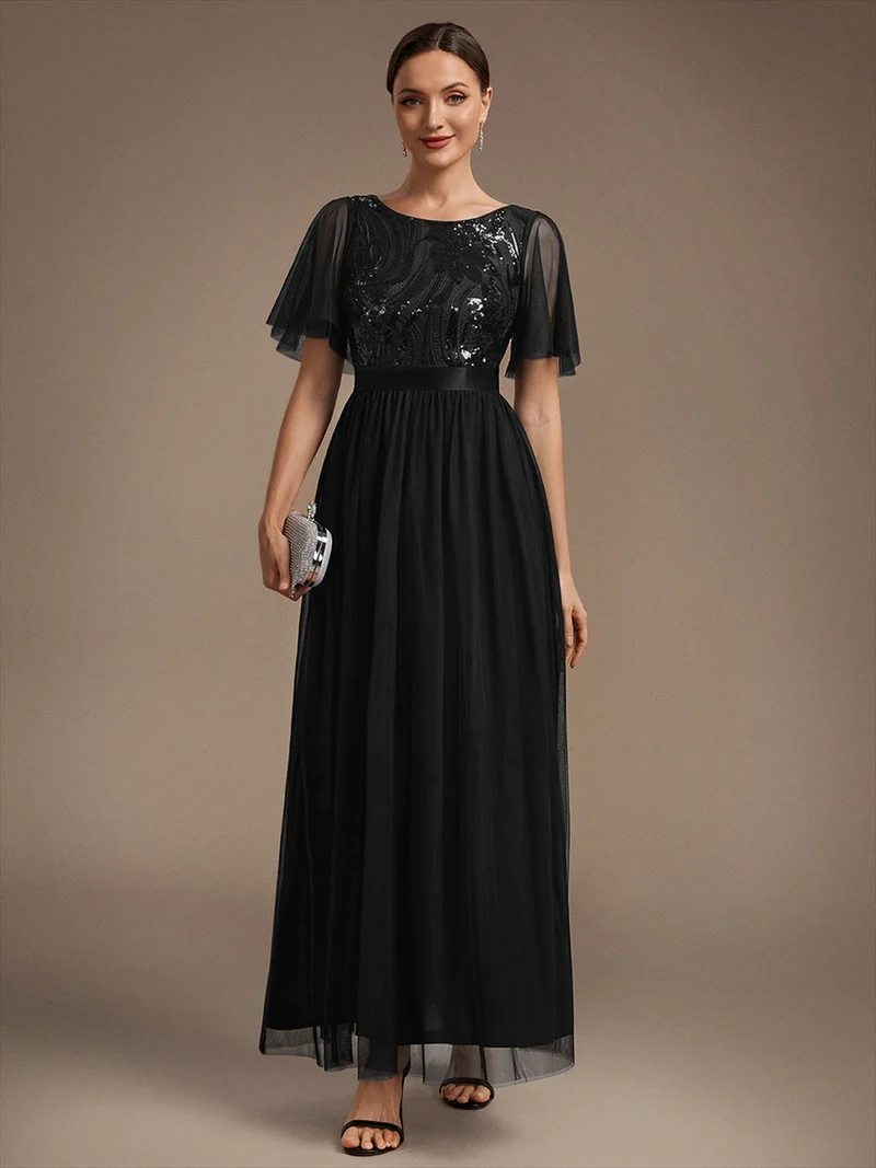 Robe de Soirée Longue Trapèze à Paillettes et Manches Volantées