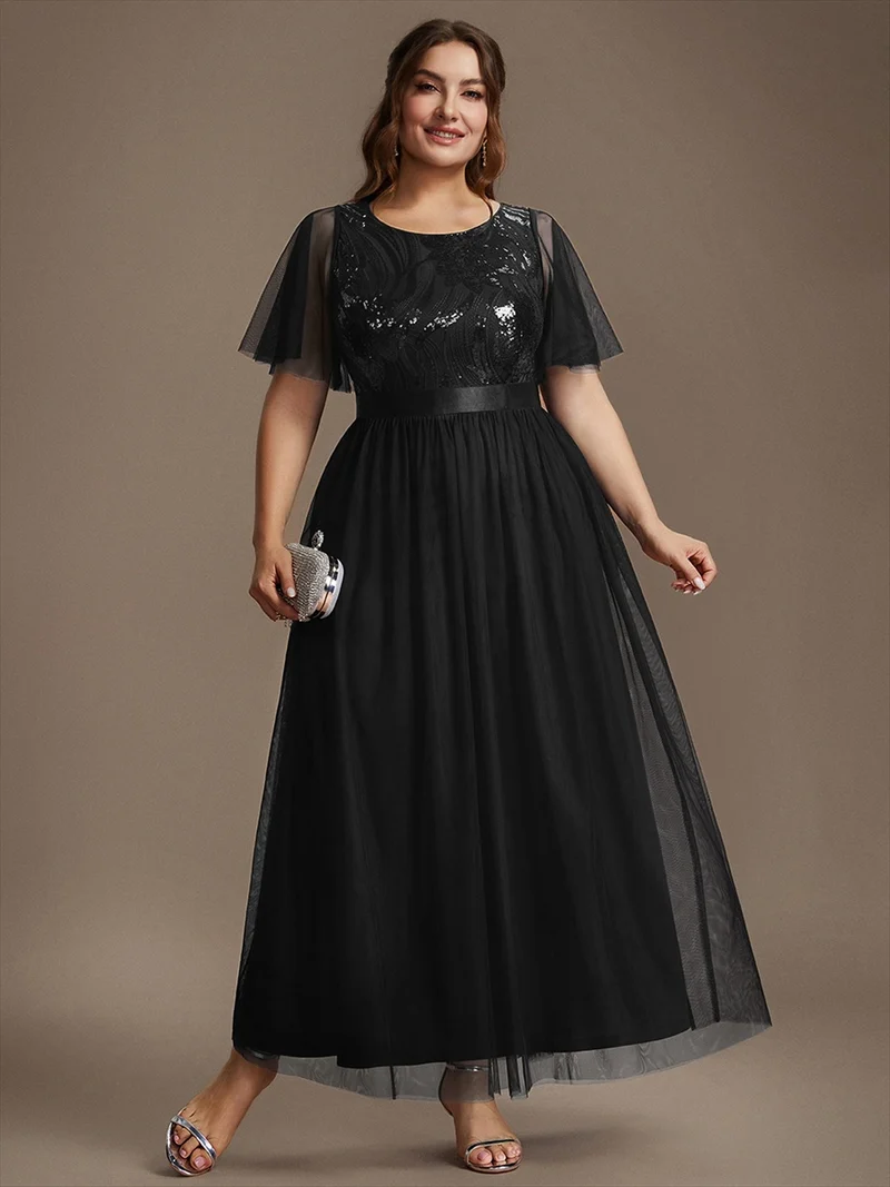Robe de Soirée Longue Trapèze à Paillettes et Manches Volantées