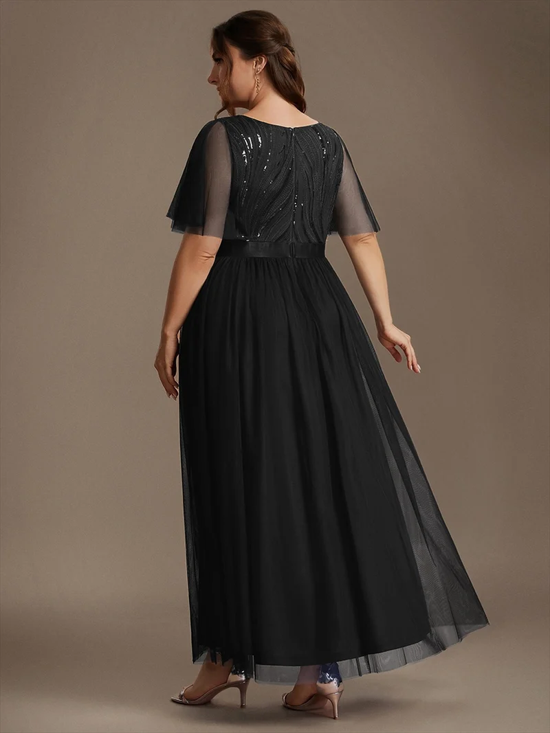 Robe de Soirée Longue Trapèze à Paillettes et Manches Volantées