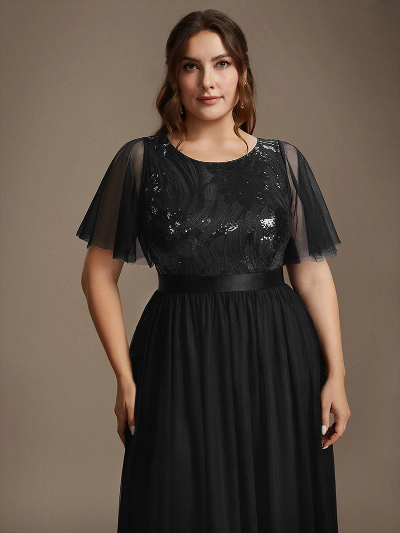 Robe de Soirée Longue Trapèze à Paillettes et Manches Volantées