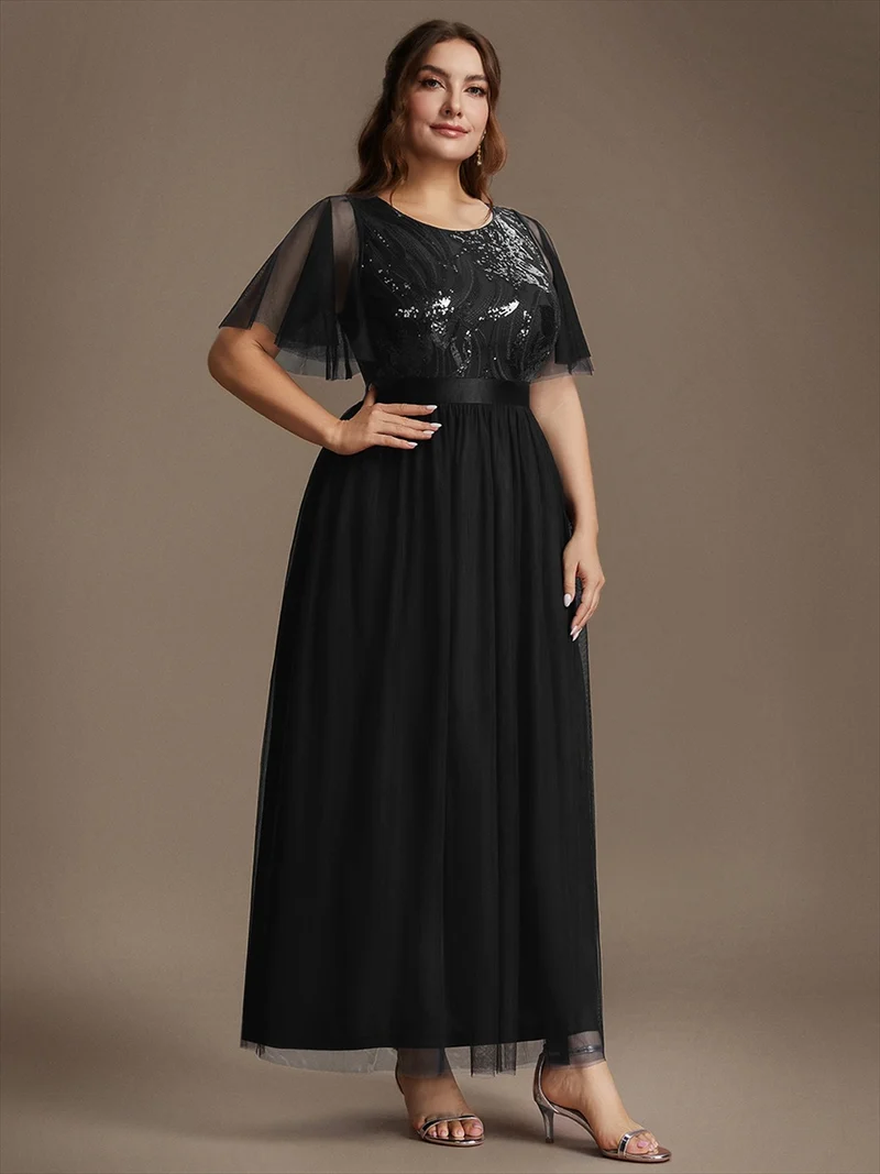 Robe de Soirée Longue Trapèze à Paillettes et Manches Volantées