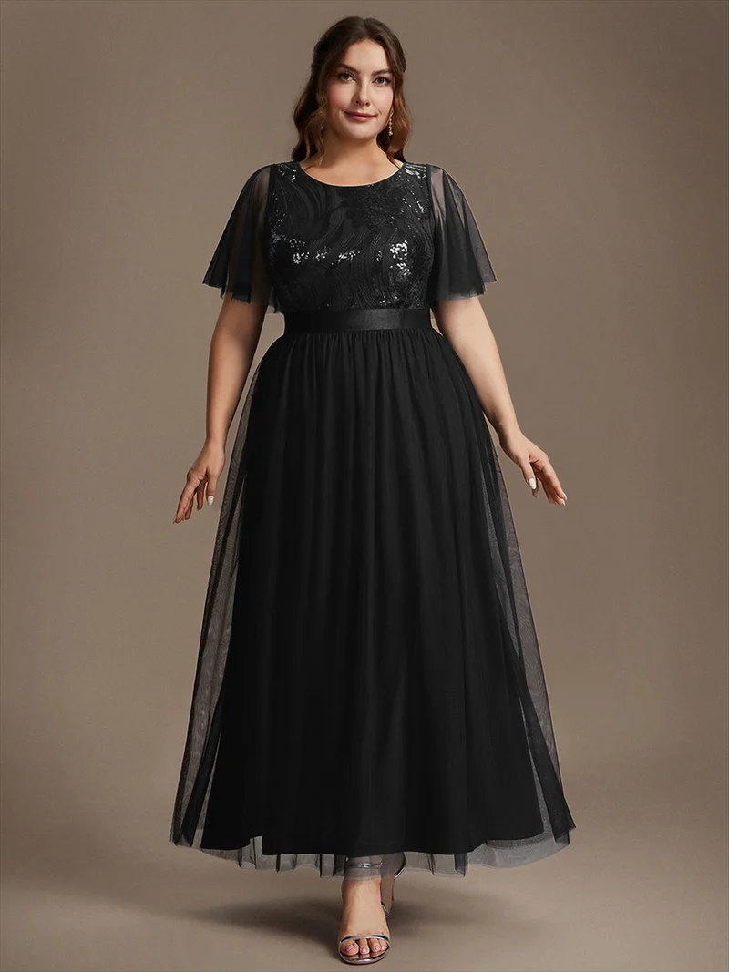 Robe de Soirée Longue Trapèze à Paillettes et Manches Volantées