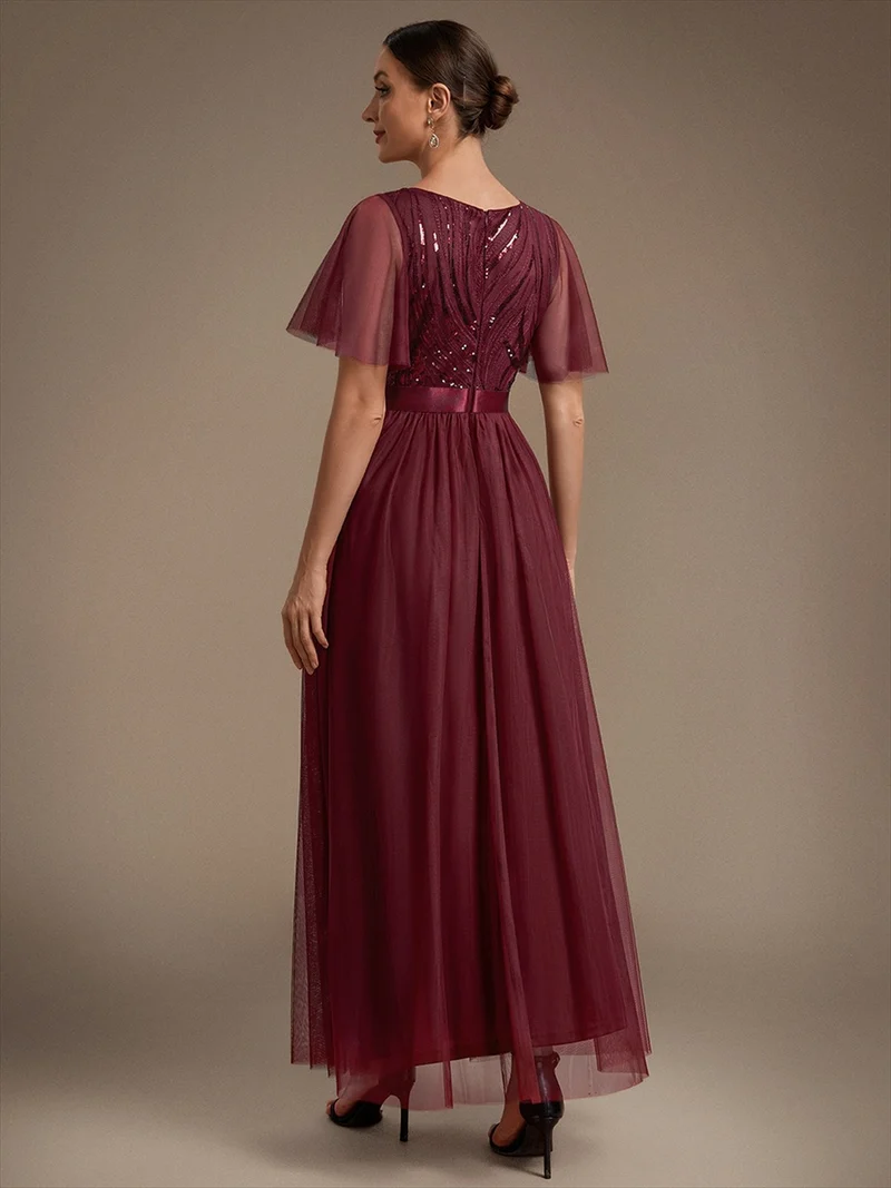 Robe de Soirée Longue Trapèze à Paillettes et Manches Volantées