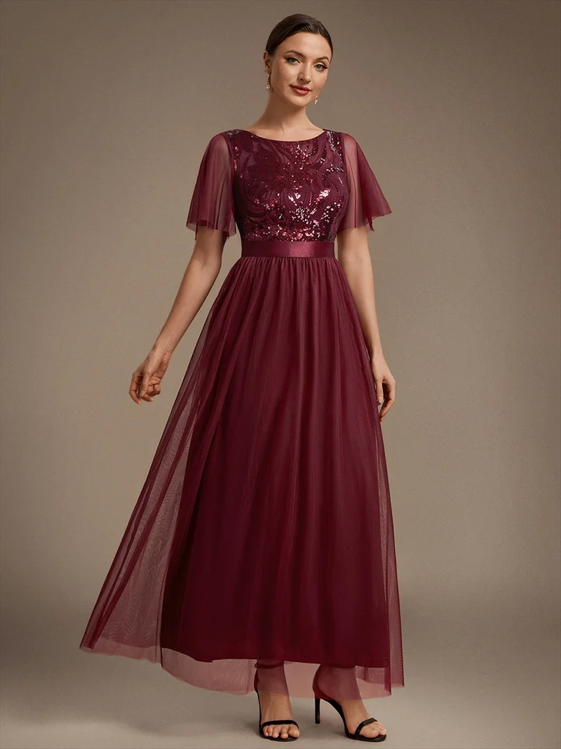 Robe de Soirée Longue Trapèze à Paillettes et Manches Volantées
