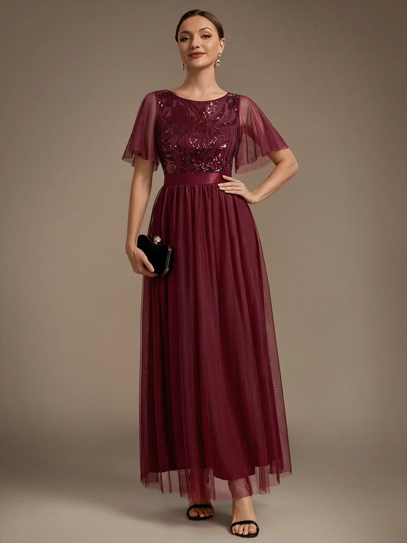 Robe de Soirée Longue Trapèze à Paillettes et Manches Volantées