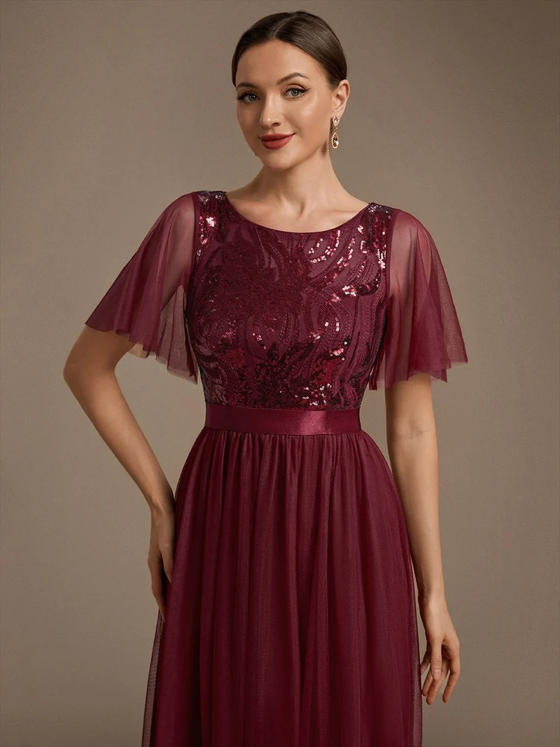 Robe de Soirée Longue Trapèze à Paillettes et Manches Volantées