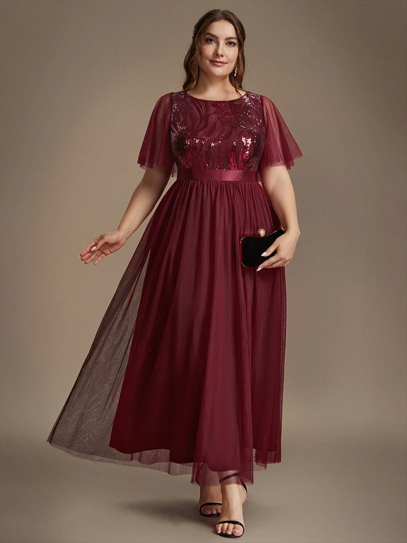 Robe de Soirée Longue Trapèze à Paillettes et Manches Volantées