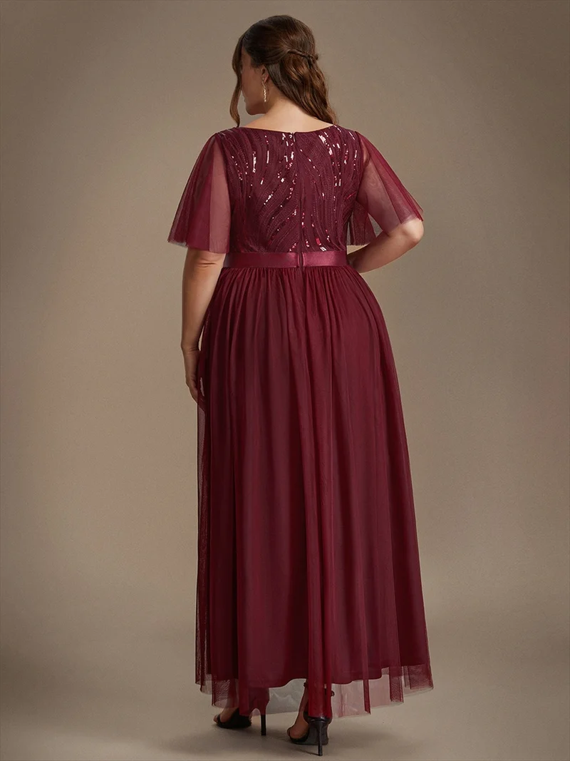 Robe de Soirée Longue Trapèze à Paillettes et Manches Volantées