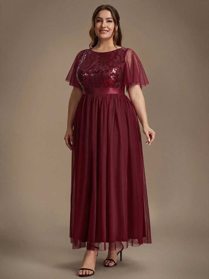 Robe de Soirée Longue Trapèze à Paillettes et Manches Volantées