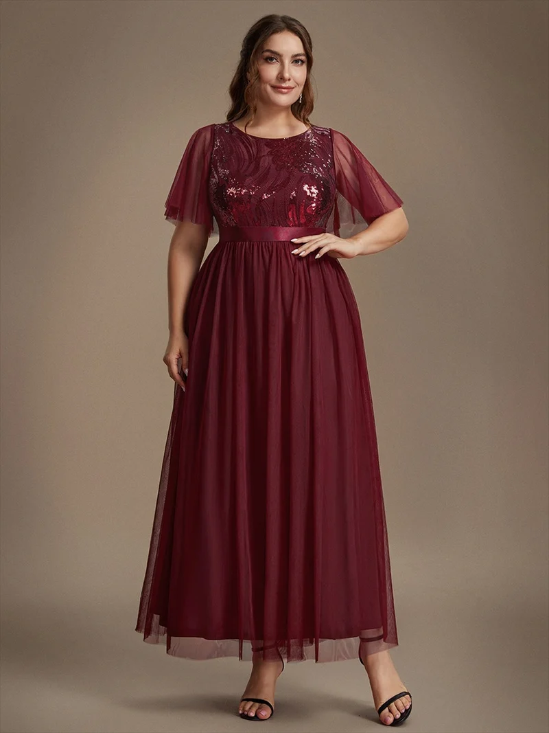 Robe de Soirée Longue Trapèze à Paillettes et Manches Volantées