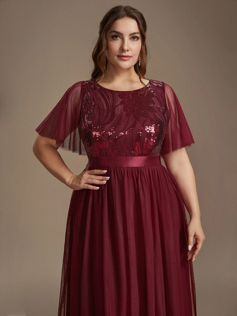 Robe de Soirée Longue Trapèze à Paillettes et Manches Volantées