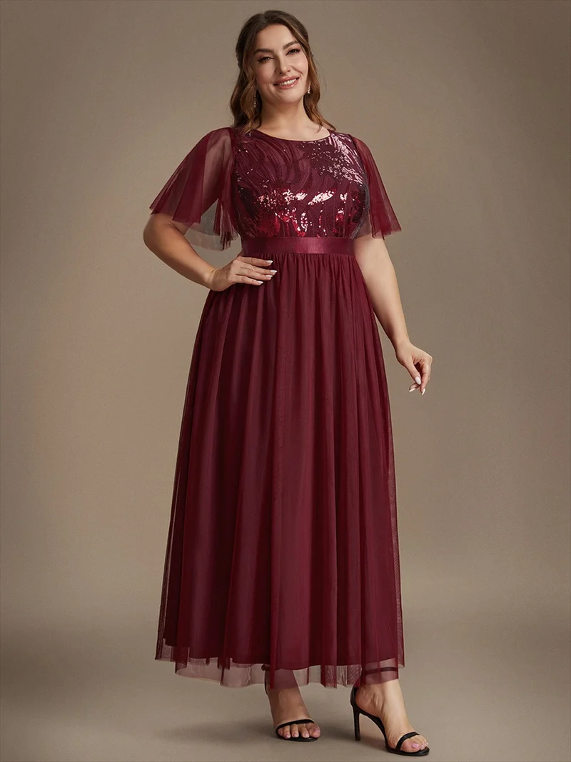 Robe de Soirée Longue Trapèze à Paillettes et Manches Volantées