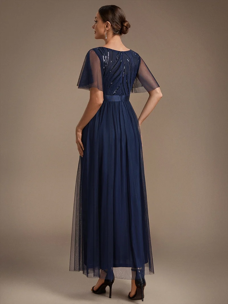 Robe de Soirée Longue Trapèze à Paillettes et Manches Volantées