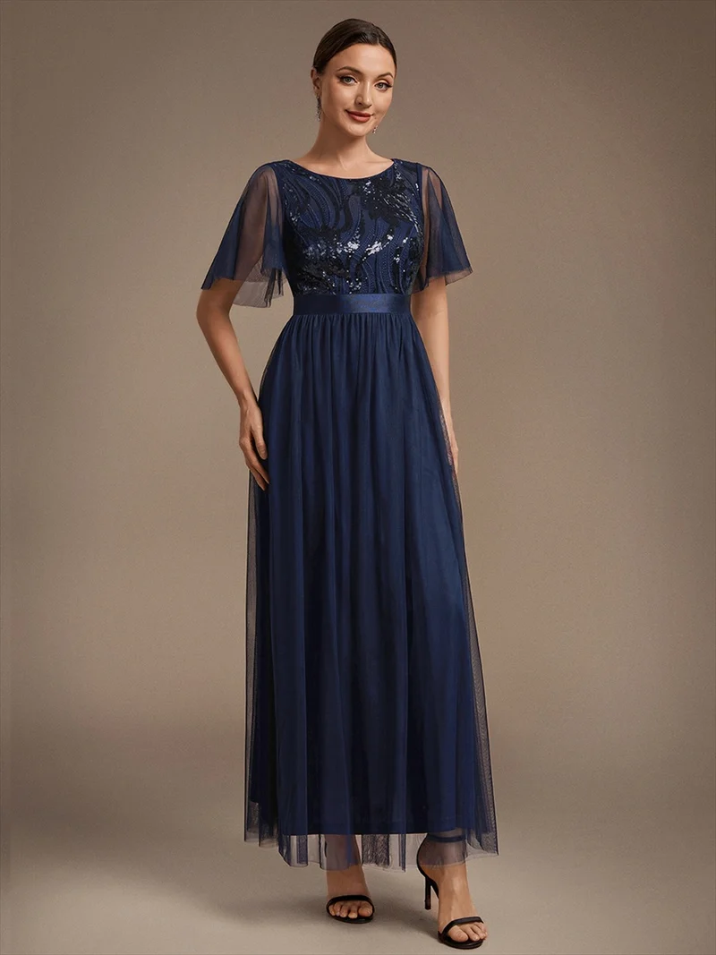 Robe de Soirée Longue Trapèze à Paillettes et Manches Volantées