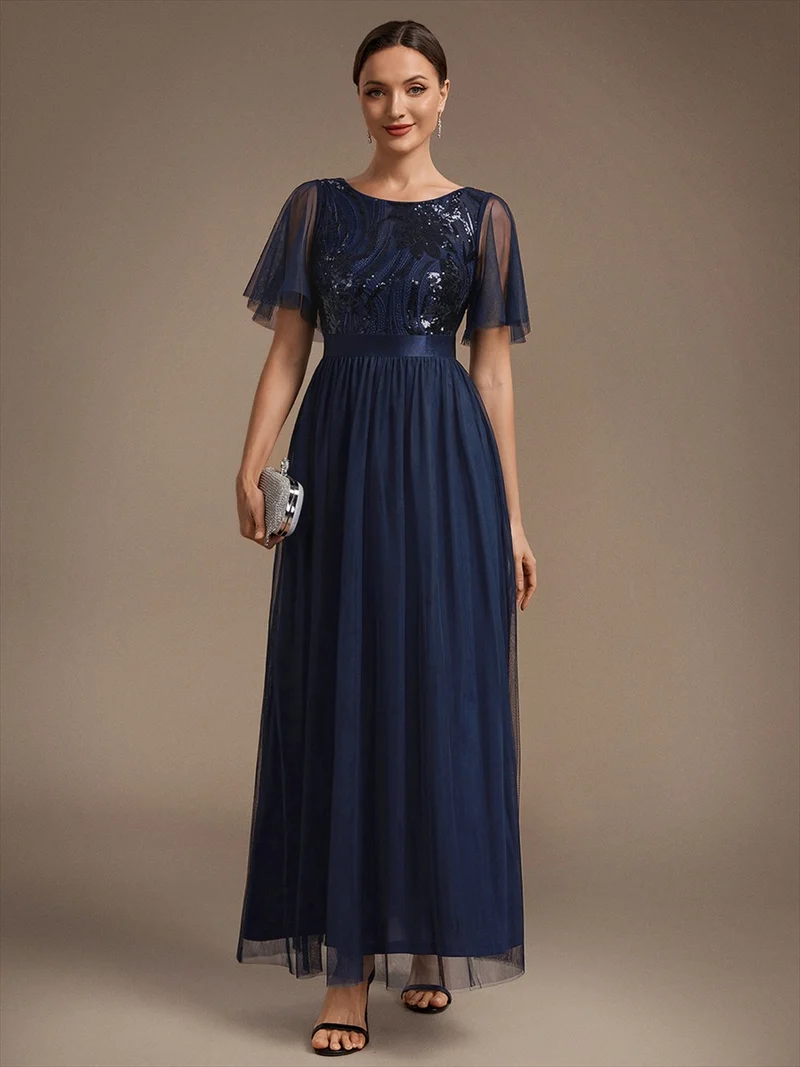 Robe de Soirée Longue Trapèze à Paillettes et Manches Volantées
