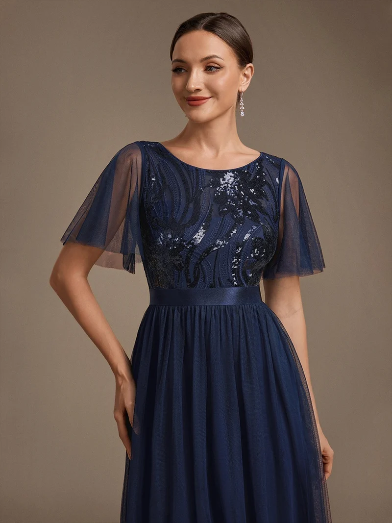 Robe de Soirée Longue Trapèze à Paillettes et Manches Volantées