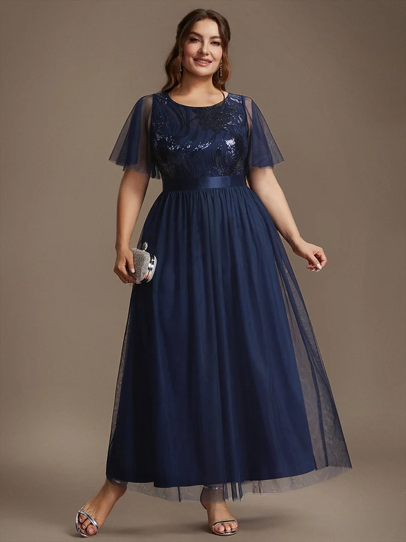 Robe de Soirée Longue Trapèze à Paillettes et Manches Volantées