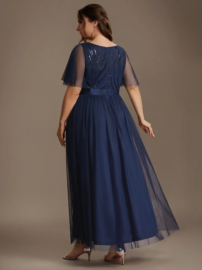 Robe de Soirée Longue Trapèze à Paillettes et Manches Volantées